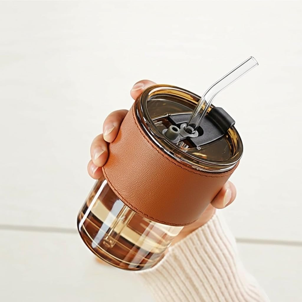 400ml Glass Coffee Mug with Leakproof Lid & Glass Straw; Insulated Leather Sleeve Travel Tumbler