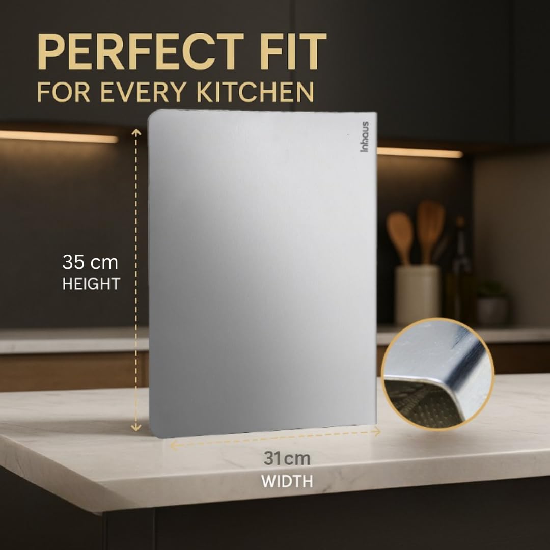 Stainless Steel Cutting Board for Kitchen Countertop, Non-Slip Metal Chopping Board, Odor Resistant, Easy to Clean, 35 x 31 cm, Comes with 4 Steel Straws