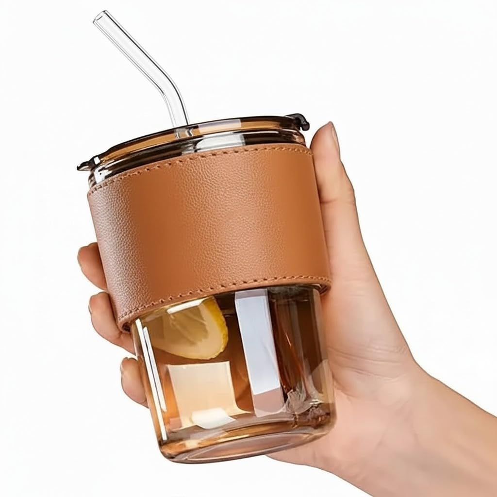 400ml Glass Coffee Mug with Leakproof Lid & Glass Straw; Insulated Leather Sleeve Travel Tumbler