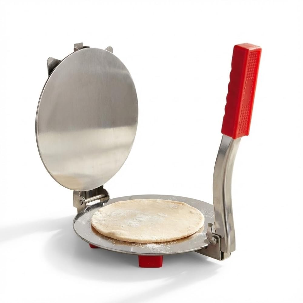 AMK HOME AND KITCHEN Stainless Steel Puri Maker Press Machine – Heavy-Duty Manual Dough Presser with Non-Slip Grip Handle | Ergonomic Chapati, Roti, Tortilla & Papad Pressing Maker Tool