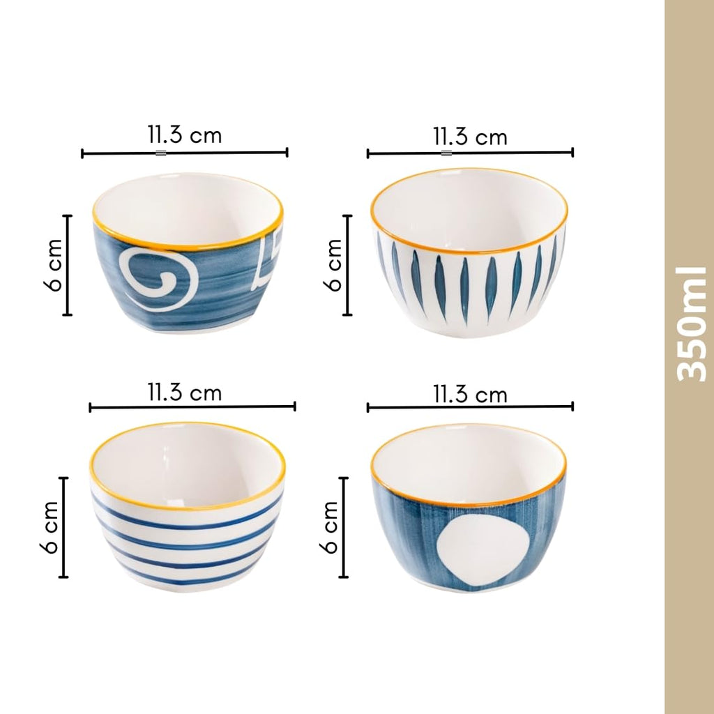 Nestasia 350ml Ceramic Bowl Set of 4 – Microwave & Dishwasher Safe, BPA & Lead-Free Dinner Bowls for Snacks, Rice, Dal, Fruits, Salad | Elegant White & Blue Serving Bowls, Gift-Pack Ideal for Gifting
