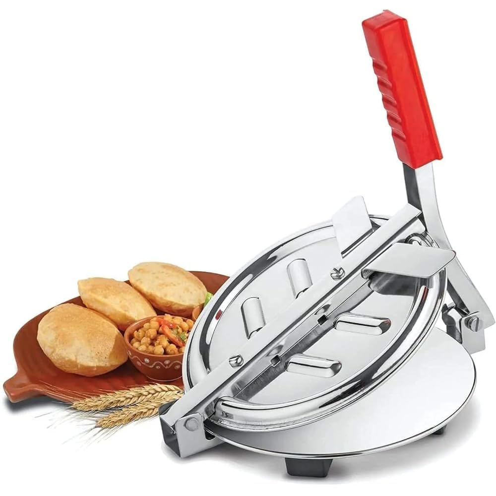 AMK HOME AND KITCHEN Stainless Steel Puri Maker Press Machine – Heavy-Duty Manual Dough Presser with Non-Slip Grip Handle | Ergonomic Chapati, Roti, Tortilla & Papad Pressing Maker Tool