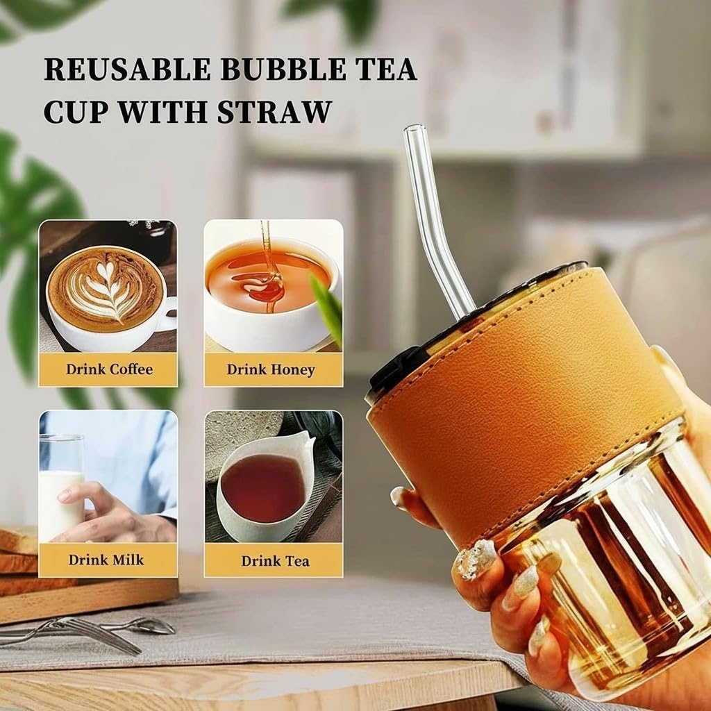400ml Glass Coffee Mug with Leakproof Lid & Glass Straw; Insulated Leather Sleeve Travel Tumbler