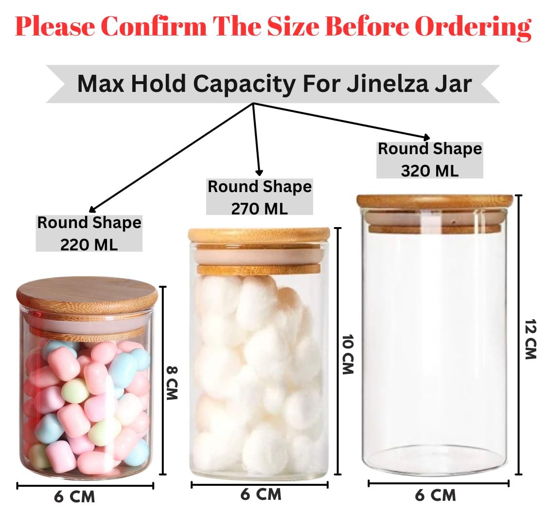 Glass Jars Air Tight Canister Borosilicate Kitchen Food Storage Container Set With Natural Bamboo Lids For Candy, Cookie, Rice, Sugar, Flour, Pasta, Nuts (270Ml Jars, 6 Pcs), Transparent