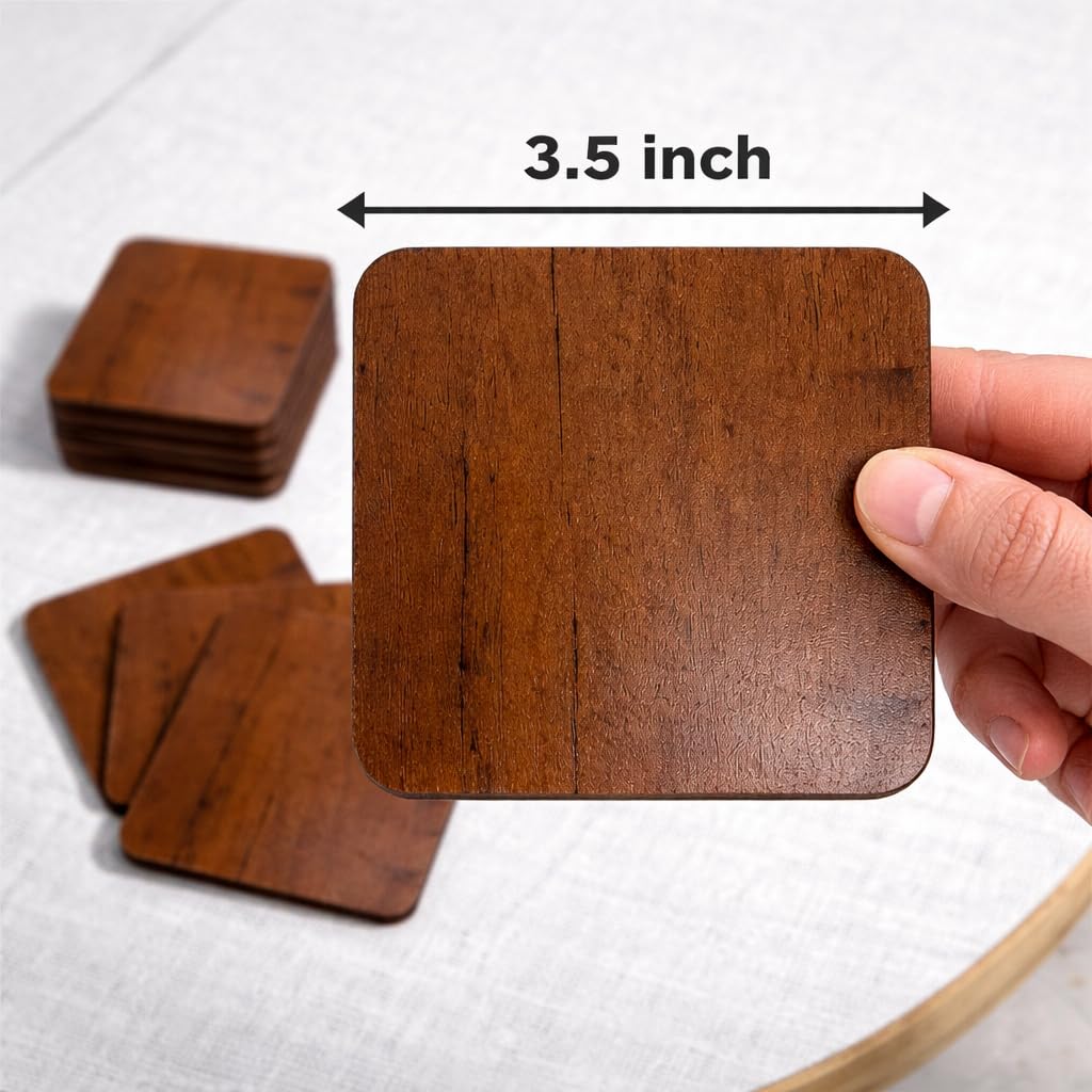 Wooden Tea & Coffee Coasters Set of 6 | Square Natural Wood Drink Coasters for Cups, Mugs & Glasses | Table & Home Decor