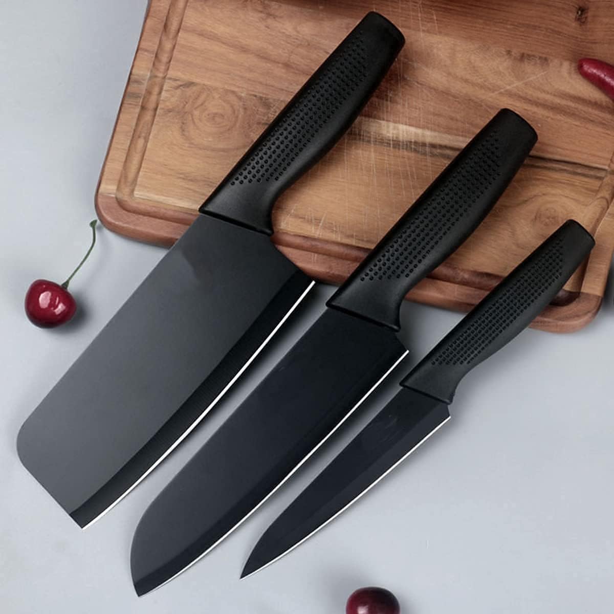 Professional Stainless Steel Kitchen Knife Set, 3-Piece Meat and Chef's Knife with Non-Slip Handle, Manual Sharpening for Home and Restaurant Use, Includes Covers (Black)