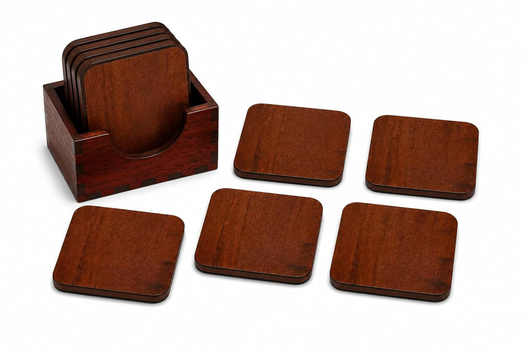 Wooden Tea & Coffee Coasters Set of 6 | Square Natural Wood Drink Coasters for Cups, Mugs & Glasses | Table & Home Decor
