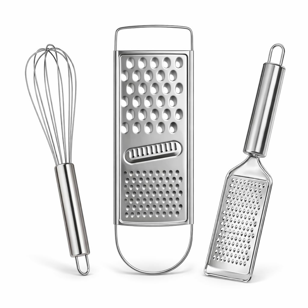 Stainless Steel Kitchen Tool Set 3 Pieces with Flat Grater, Handheld Cheese & Vegetable Grater and Egg Whisk Beater, Durable Rust Resistant Cooking Tools for Kitchen, Easy to Clean, Strong Grip Handle