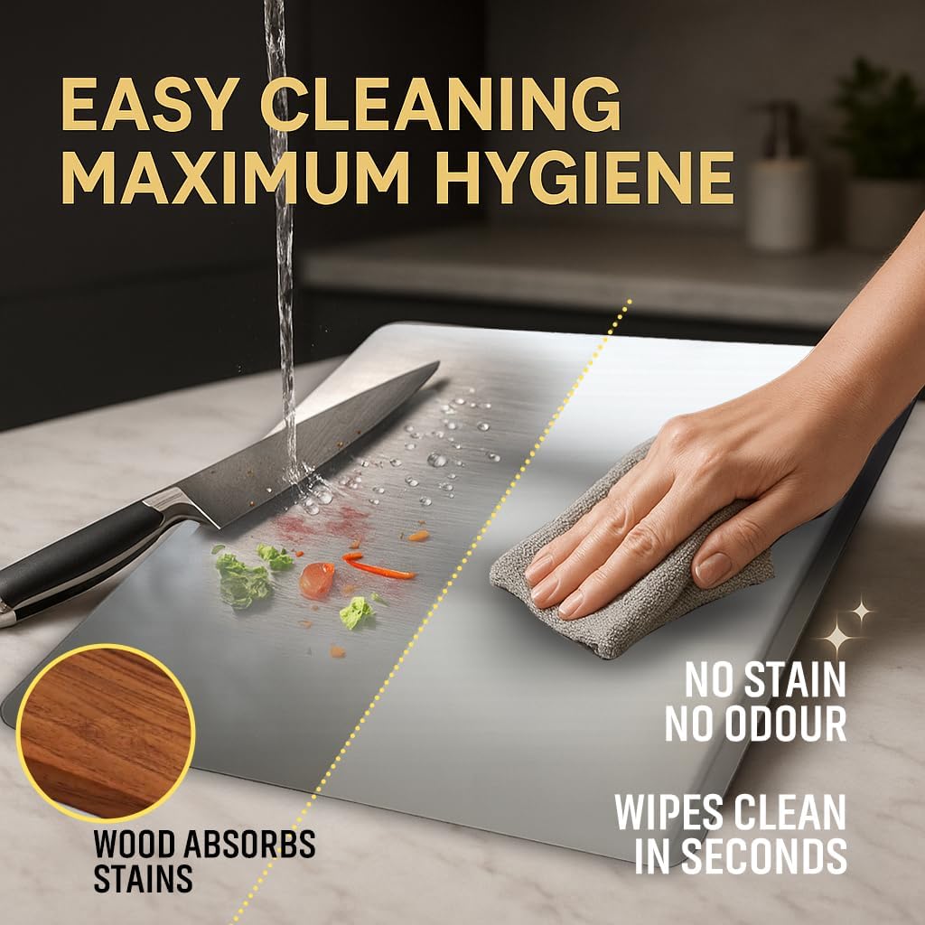 Stainless Steel Cutting Board for Kitchen Countertop, Non-Slip Metal Chopping Board, Odor Resistant, Easy to Clean, 35 x 31 cm, Comes with 4 Steel Straws