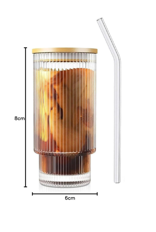 400ml Glass Sipper Mug with Leather Grip Sleeve – Leak-Proof Lid & Straw | Reusable Tumbler for Hot & Cold Beverages, Water, Juice, Coffee | Home, Bar, Office Use (Ribbed Mug)