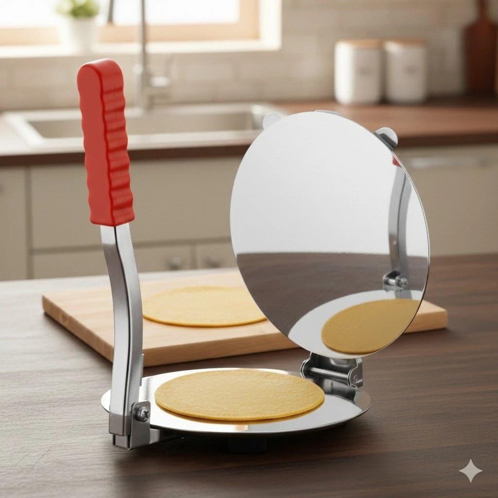AMK HOME AND KITCHEN Stainless Steel Puri Maker Press Machine – Heavy-Duty Manual Dough Presser with Non-Slip Grip Handle | Ergonomic Chapati, Roti, Tortilla & Papad Pressing Maker Tool