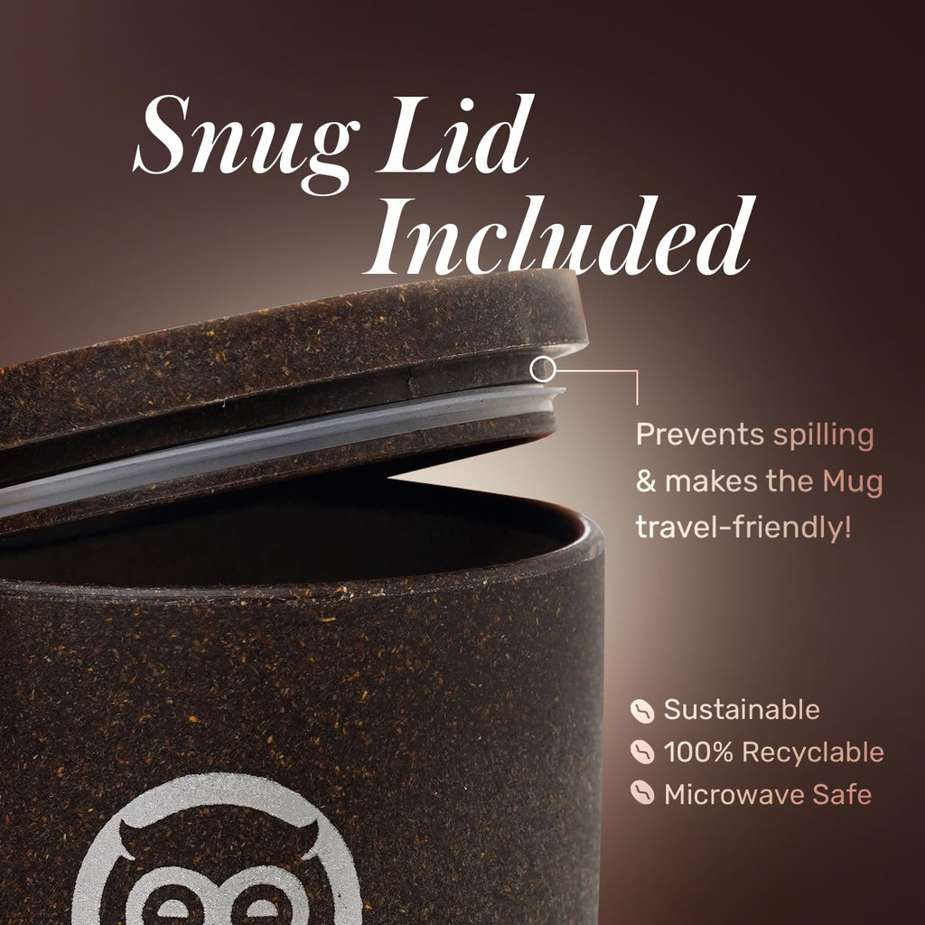 Sleepy Owl Coffee Mug with Lid | Crafted from Used Coffee Grounds | Eco-Friendly & Sustainable Cup | Microwave Safe | Spill Proof | Travel Friendly | Office | Home | Premium Gift | 370ml 1 Piece