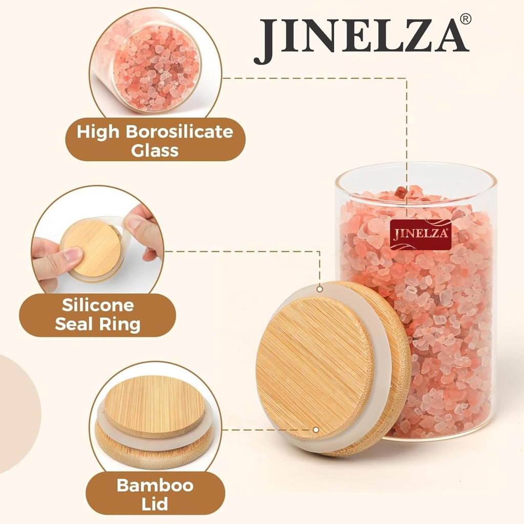 Glass Jars Air Tight Canister Borosilicate Kitchen Food Storage Container Set With Natural Bamboo Lids For Candy, Cookie, Rice, Sugar, Flour, Pasta, Nuts (270Ml Jars, 6 Pcs), Transparent