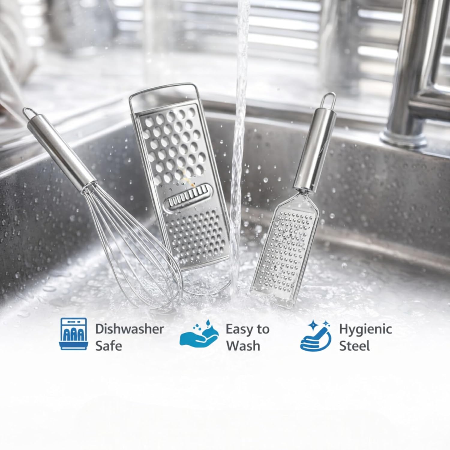 Stainless Steel Kitchen Tool Set 3 Pieces with Flat Grater, Handheld Cheese & Vegetable Grater and Egg Whisk Beater, Durable Rust Resistant Cooking Tools for Kitchen, Easy to Clean, Strong Grip Handle