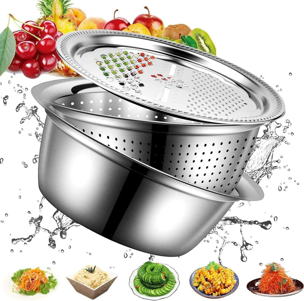 3-in-1 Stainless Steel Basin Set with Colander & Grater Lid, Multi-Function Mixing Bowl for Washing Fruits & Vegetables