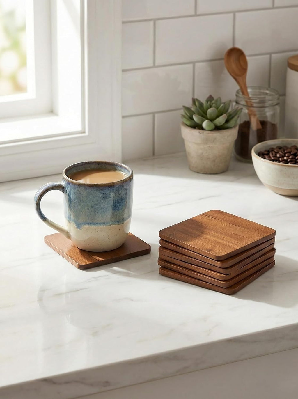 Wooden Tea & Coffee Coasters Set of 6 | Square Natural Wood Drink Coasters for Cups, Mugs & Glasses | Table & Home Decor