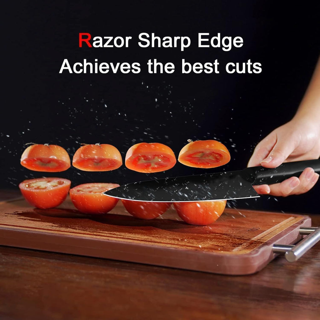 Professional Stainless Steel Kitchen Knife Set, 3-Piece Meat and Chef's Knife with Non-Slip Handle, Manual Sharpening for Home and Restaurant Use, Includes Covers (Black)