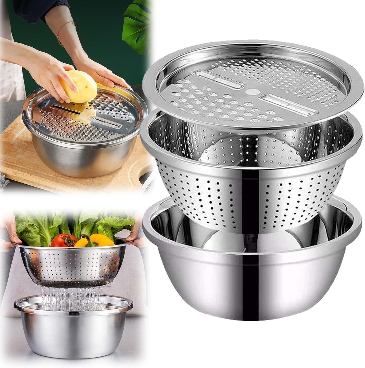 3-in-1 Stainless Steel Basin Set with Colander & Grater Lid, Multi-Function Mixing Bowl for Washing Fruits & Vegetables