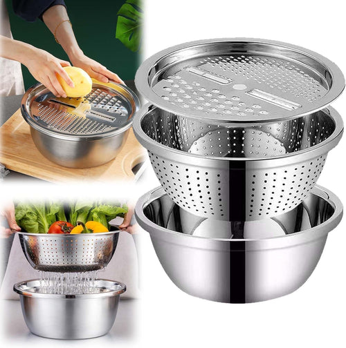 3-in-1 Stainless Steel Basin Set with Colander & Grater Lid, Multi-Function Mixing Bowl for Washing Fruits & Vegetables