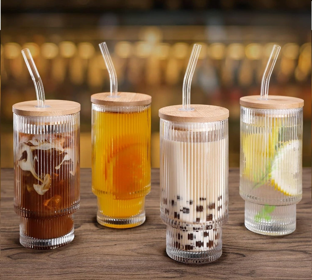 400ml Glass Sipper Mug with Leather Grip Sleeve – Leak-Proof Lid & Straw | Reusable Tumbler for Hot & Cold Beverages, Water, Juice, Coffee | Home, Bar, Office Use (Ribbed Mug)