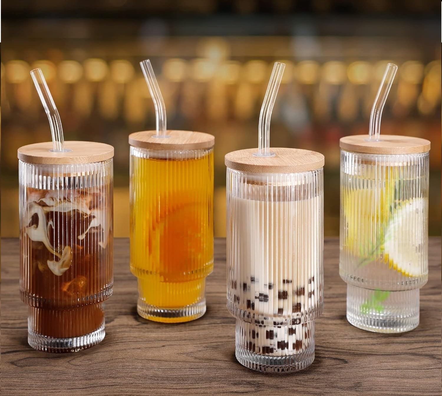 400ml Glass Sipper Mug with Leather Grip Sleeve – Leak-Proof Lid & Straw | Reusable Tumbler for Hot & Cold Beverages, Water, Juice, Coffee | Home, Bar, Office Use (Ribbed Mug)