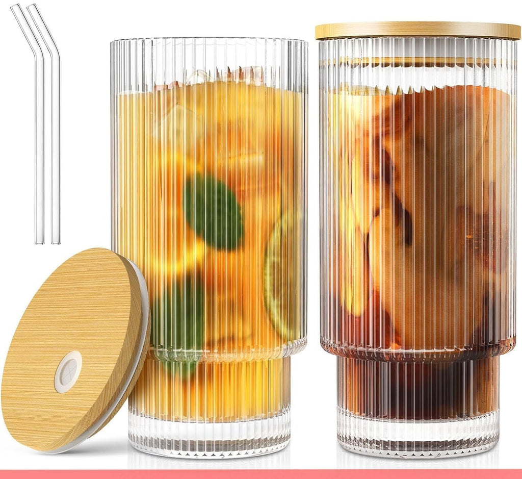 400ml Glass Sipper Mug with Leather Grip Sleeve – Leak-Proof Lid & Straw | Reusable Tumbler for Hot & Cold Beverages, Water, Juice, Coffee | Home, Bar, Office Use (Ribbed Mug)