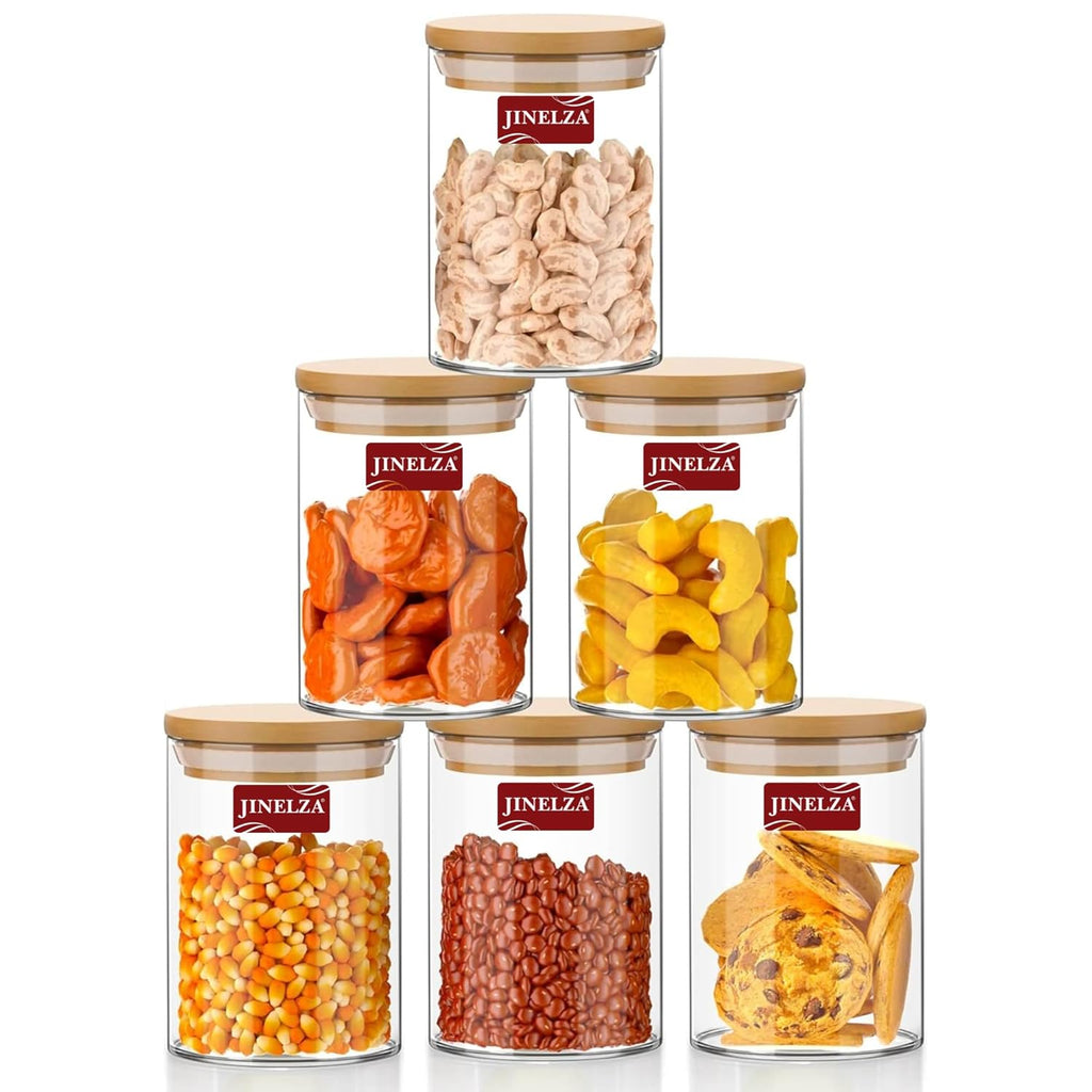 Glass Jars Air Tight Canister Borosilicate Kitchen Food Storage Container Set With Natural Bamboo Lids For Candy, Cookie, Rice, Sugar, Flour, Pasta, Nuts (270Ml Jars, 6 Pcs), Transparent
