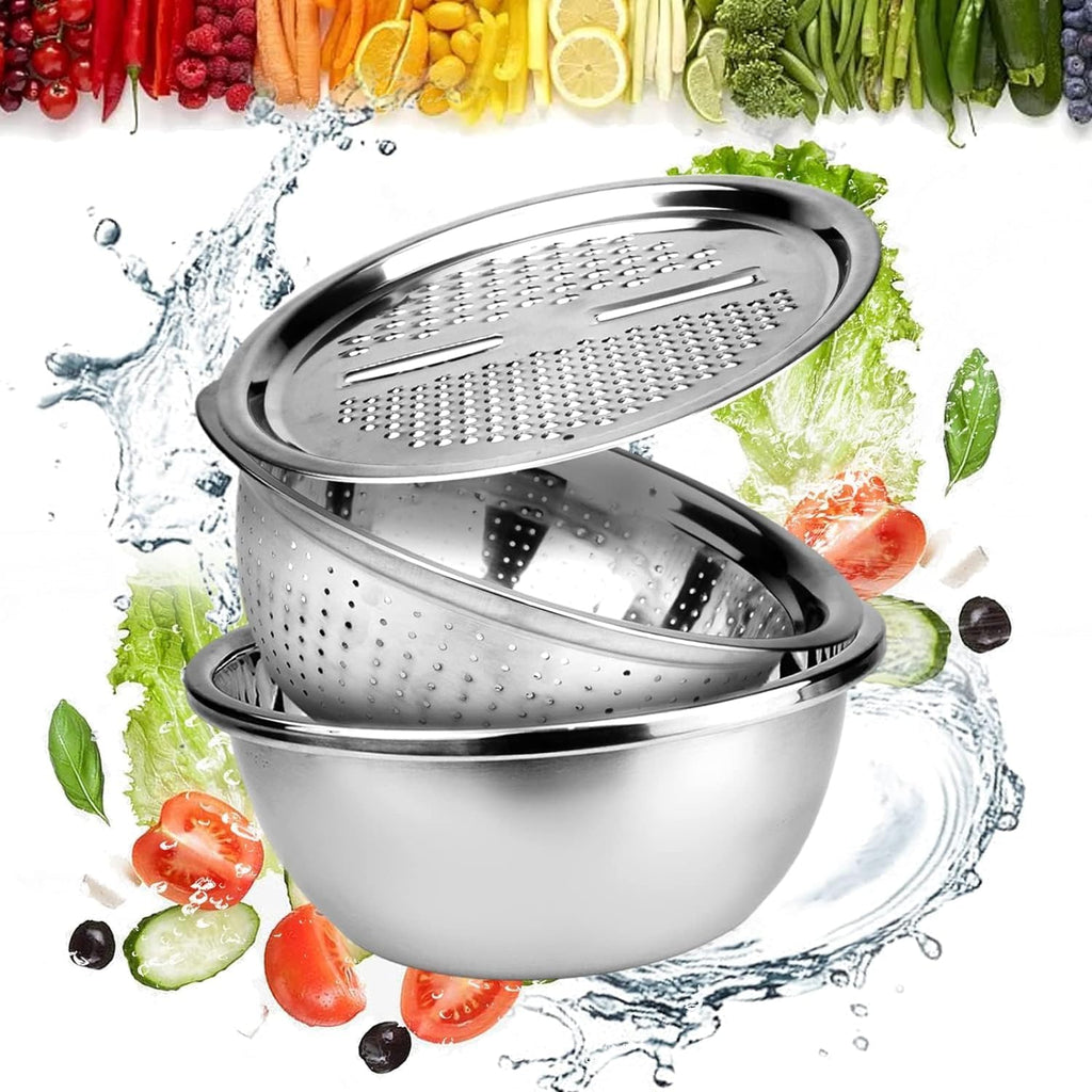 3-in-1 Stainless Steel Basin Set with Colander & Grater Lid, Multi-Function Mixing Bowl for Washing Fruits & Vegetables