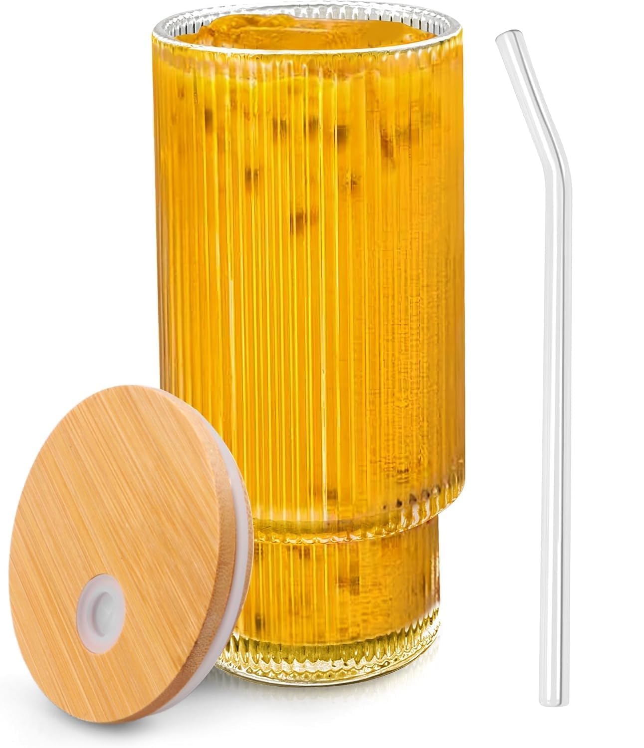 400ml Glass Sipper Mug with Leather Grip Sleeve – Leak-Proof Lid & Straw | Reusable Tumbler for Hot & Cold Beverages, Water, Juice, Coffee | Home, Bar, Office Use (Ribbed Mug)