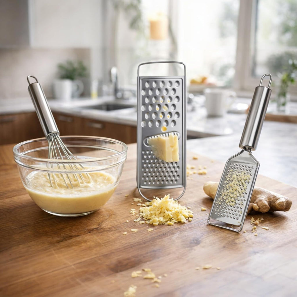 Stainless Steel Kitchen Tool Set 3 Pieces with Flat Grater, Handheld Cheese & Vegetable Grater and Egg Whisk Beater, Durable Rust Resistant Cooking Tools for Kitchen, Easy to Clean, Strong Grip Handle