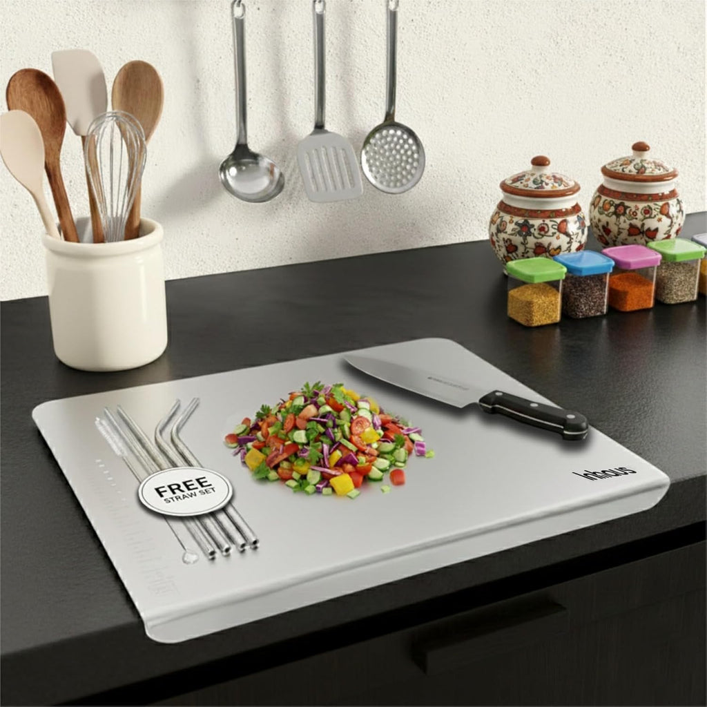 Stainless Steel Cutting Board for Kitchen Countertop, Non-Slip Metal Chopping Board, Odor Resistant, Easy to Clean, 35 x 31 cm, Comes with 4 Steel Straws