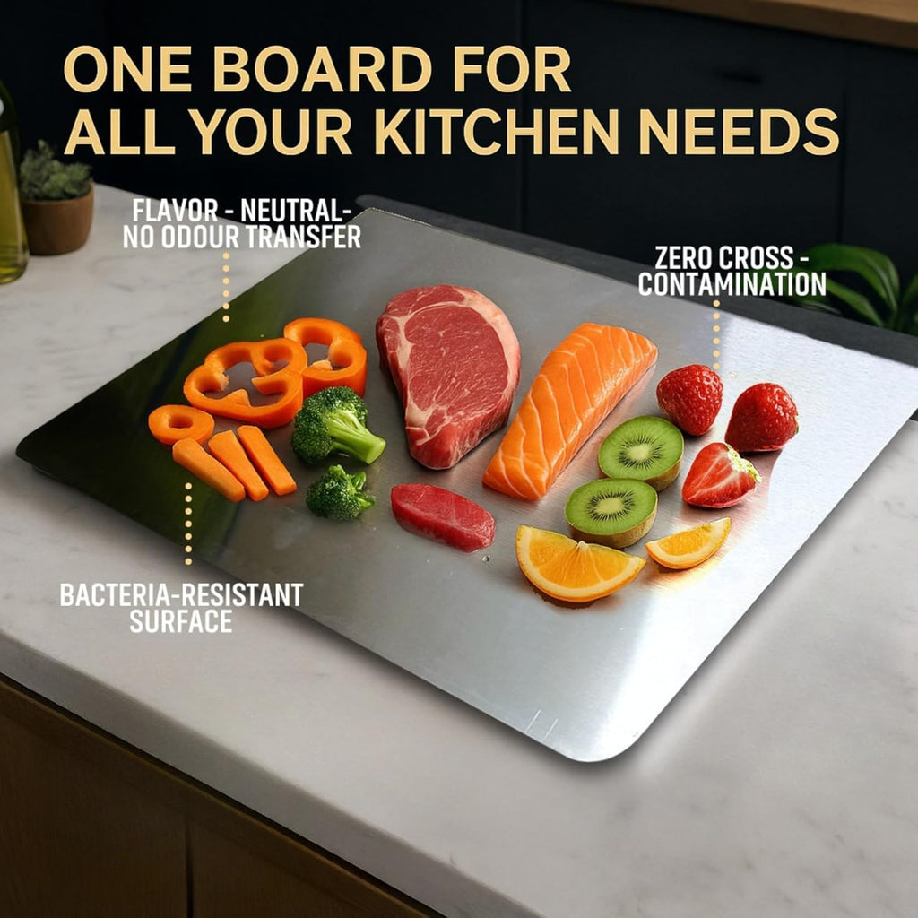 Stainless Steel Cutting Board for Kitchen Countertop, Non-Slip Metal Chopping Board, Odor Resistant, Easy to Clean, 35 x 31 cm, Comes with 4 Steel Straws