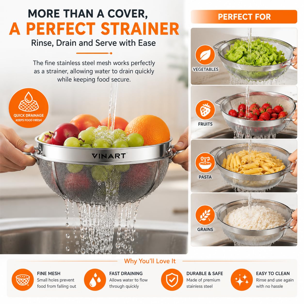 VINART Stainless Steel Fruit Basket with Lid | Fruit & Vegetable Storage Basket for Kitchen & Dining Table (Small) 10inch