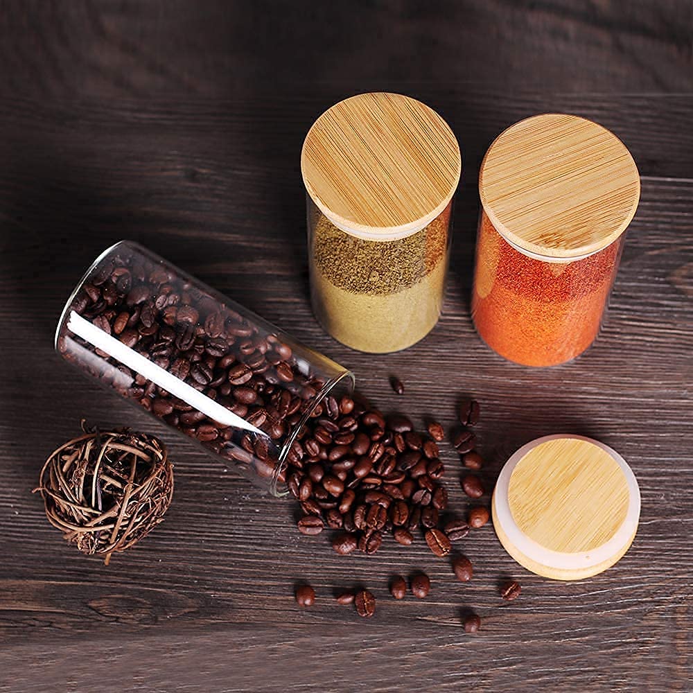 Glass Jars Air Tight Canister Borosilicate Kitchen Food Storage Container Set With Natural Bamboo Lids For Candy, Cookie, Rice, Sugar, Flour, Pasta, Nuts (270Ml Jars, 6 Pcs), Transparent