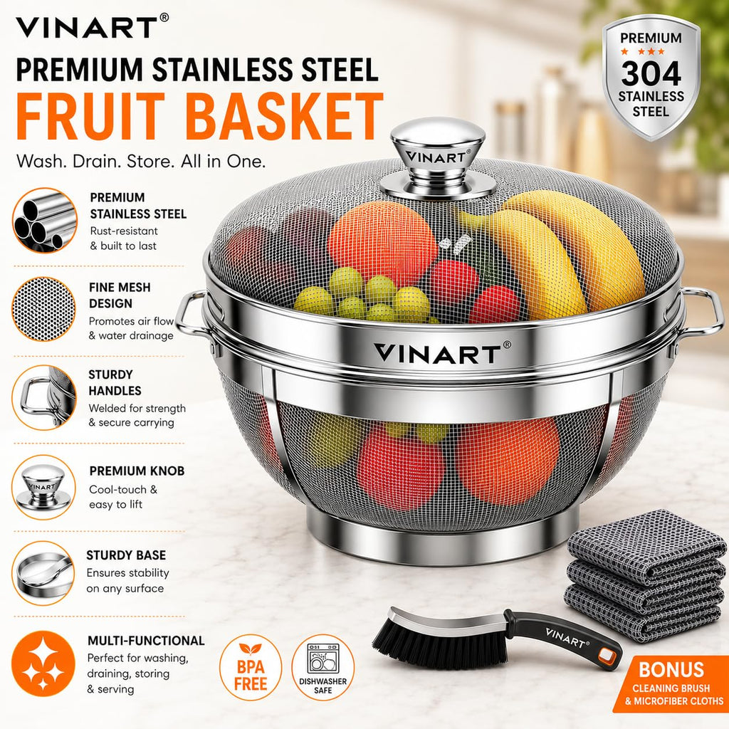 VINART Stainless Steel Fruit Basket with Lid | Fruit & Vegetable Storage Basket for Kitchen & Dining Table (Small) 10inch