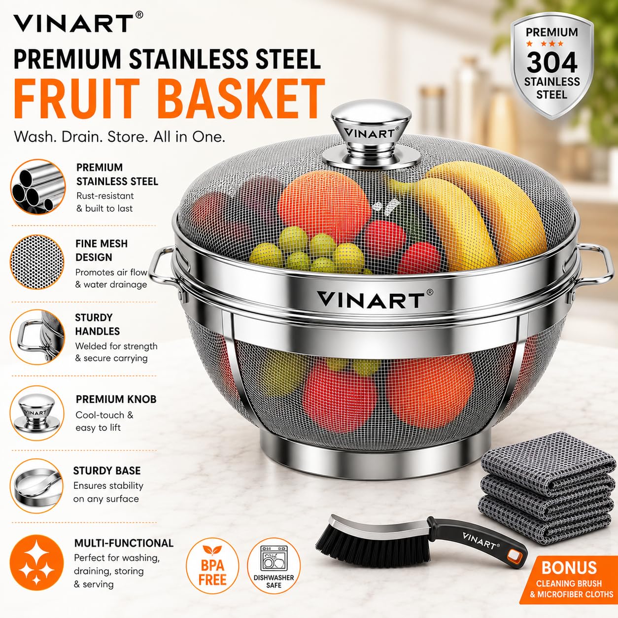 VINART Stainless Steel Fruit Basket with Lid | Fruit & Vegetable Storage Basket for Kitchen & Dining Table (Small) 10inch