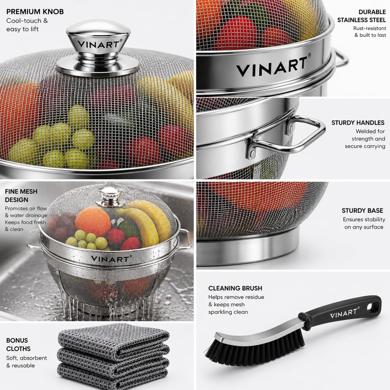 VINART Stainless Steel Fruit Basket with Lid | Fruit & Vegetable Storage Basket for Kitchen & Dining Table (Small) 10inch