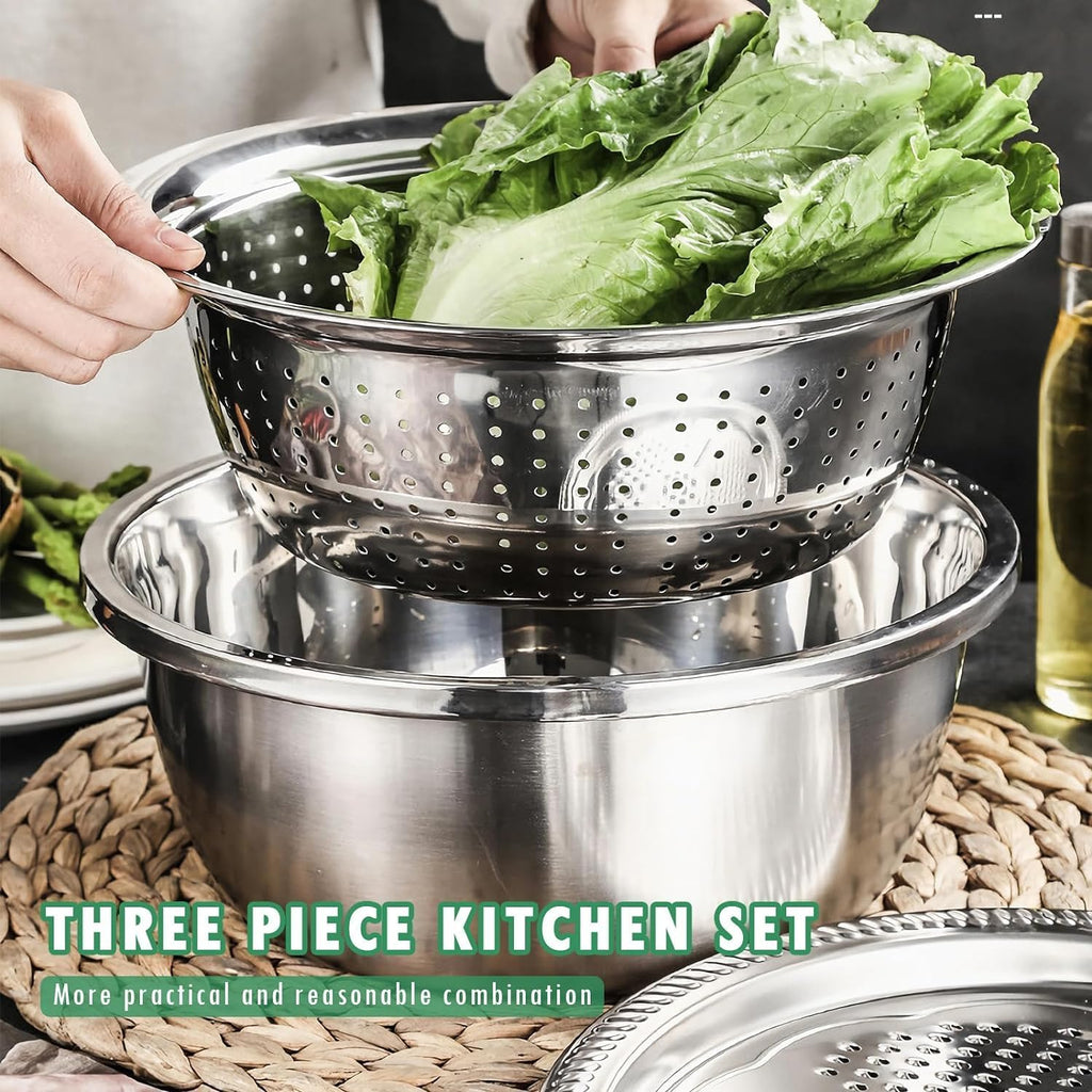 3-in-1 Stainless Steel Basin Set with Colander & Grater Lid, Multi-Function Mixing Bowl for Washing Fruits & Vegetables