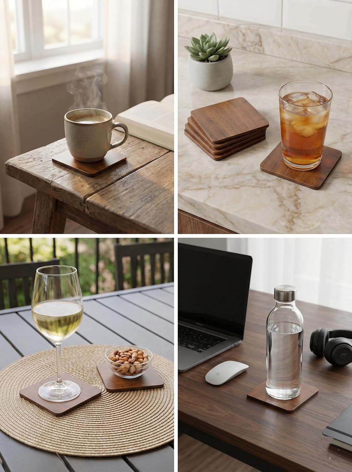 Wooden Tea & Coffee Coasters Set of 6 | Square Natural Wood Drink Coasters for Cups, Mugs & Glasses | Table & Home Decor