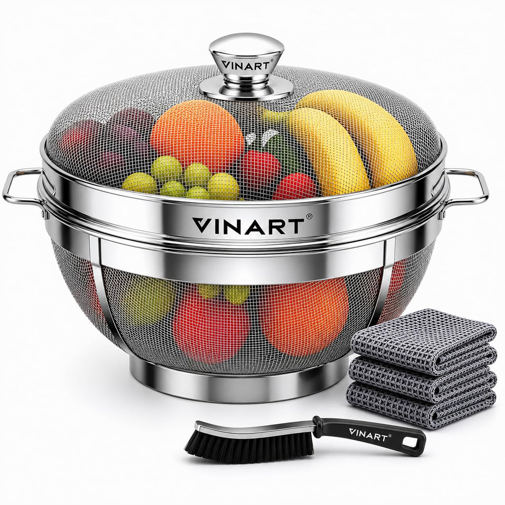 VINART Stainless Steel Fruit Basket with Lid | Fruit & Vegetable Storage Basket for Kitchen & Dining Table (Small) 10inch