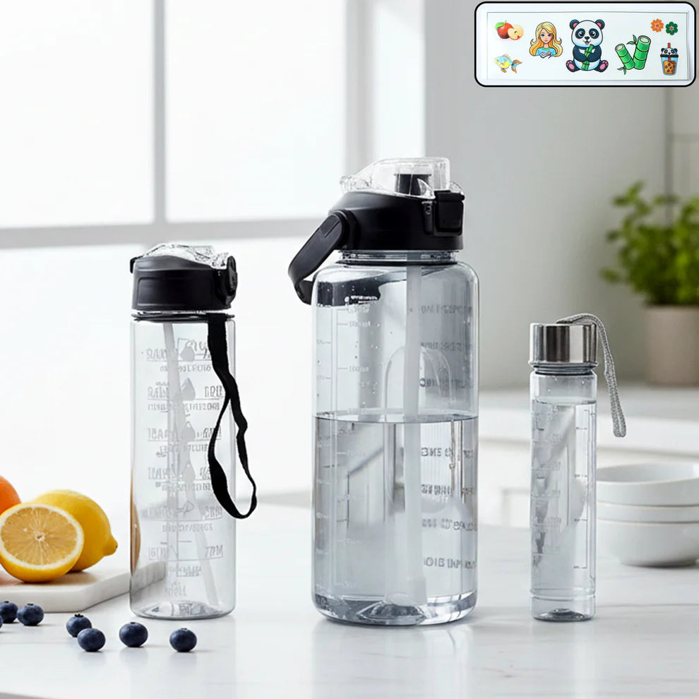 3-in-1 Motivational Water Bottle Set | 2000ml + 900ml + 500ml Hydration Bottles with Straw & Carry Strap