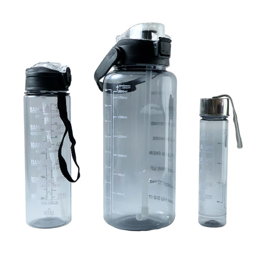 3-in-1 Motivational Water Bottle Set | 2000ml + 900ml + 500ml Hydration Bottles with Straw & Carry Strap