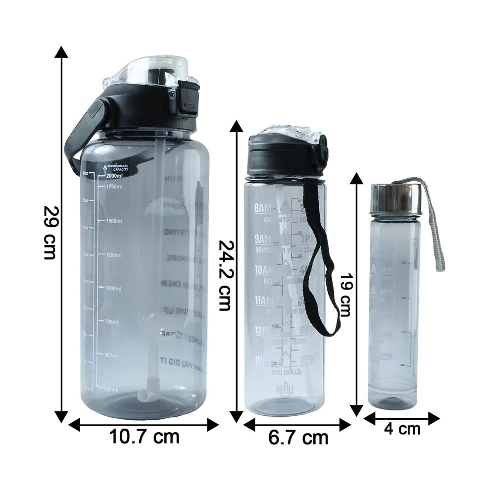 3-in-1 Motivational Water Bottle Set | 2000ml + 900ml + 500ml Hydration Bottles with Straw & Carry Strap