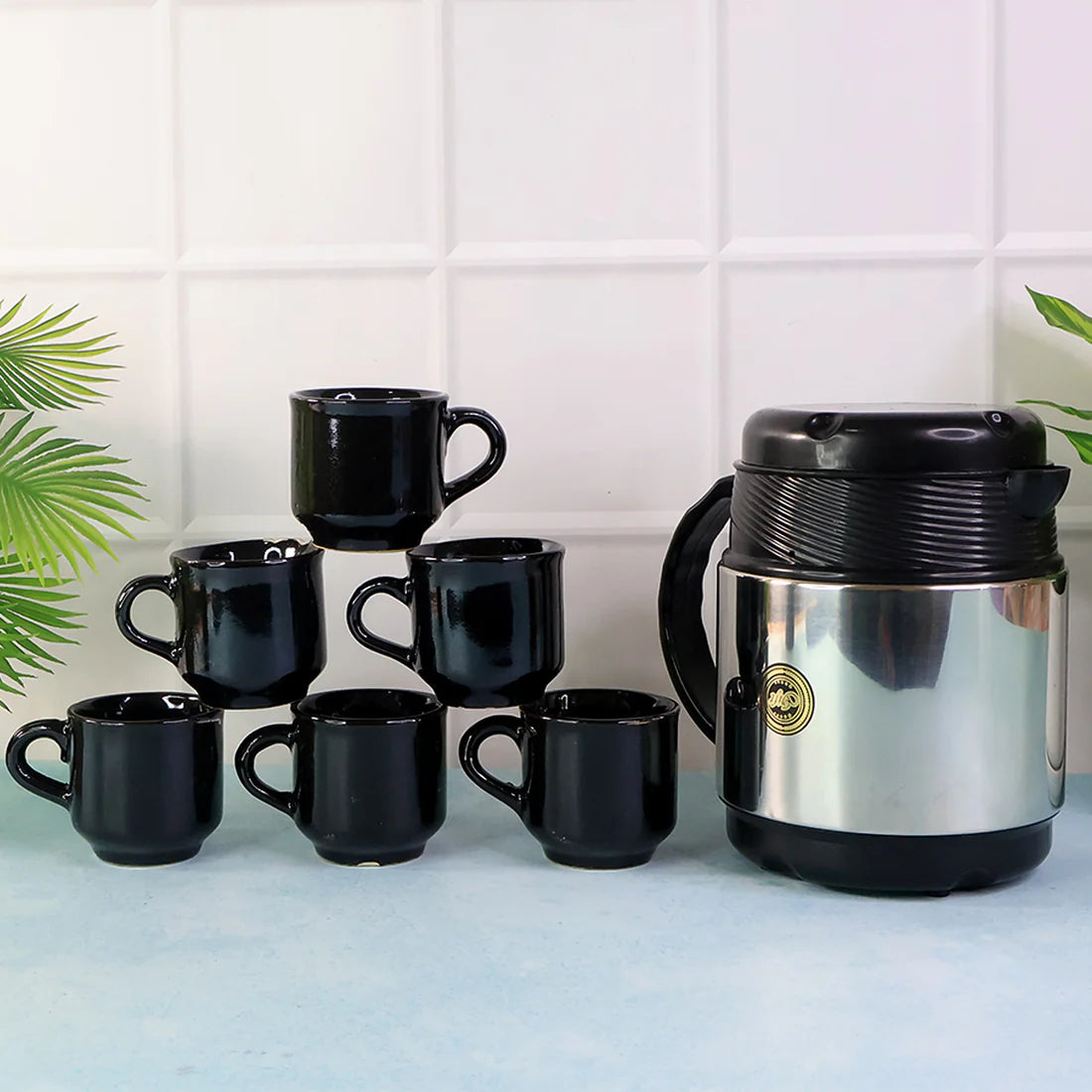 Utensia Insulated Thermos Flask with 6 Ceramic Cups | Premium Tea & Coffee Serving Set